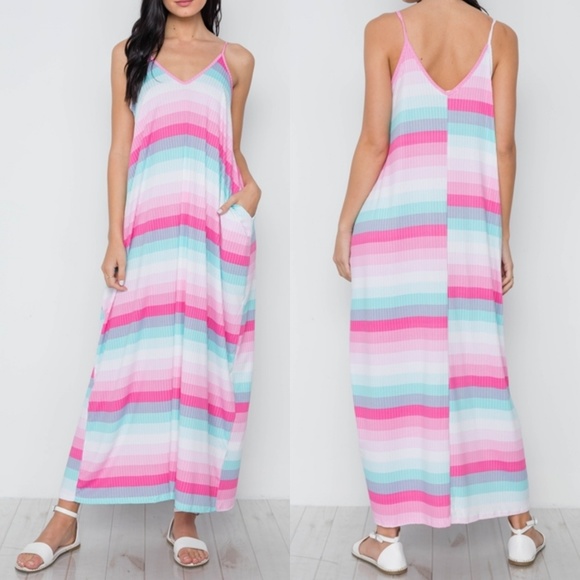 CANDY SHOP STRIPED POCKETED PINK & BLUE MAXI DRESS - Picture 6 of 7